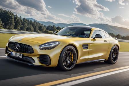 low angle shot of sports car(mercedes_amg_gt_v1-3600:1.0) in yellow,(driving on the highway:1.1), modelshoot style, (extremely detailed CG unity 8k wallpaper),unreal engine, 75mm lens,  High Detail, Sharp focus, dramatic, rule of thirds,(motion blur:1.2),