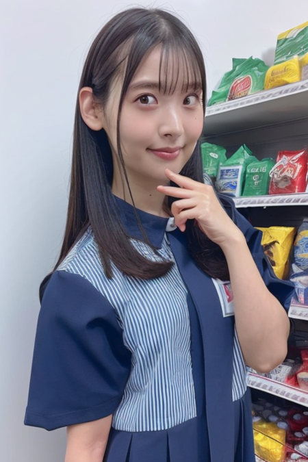 1girl wearing lawson uniform, in a blue and white uniform, in a convenience store,(RAW photo, best quality), (realistic, photo-realistic:1.4), masterpiece, an extremely delicate and beautiful, extremely detailed, 2k wallpaper, Amazing, finely detail, extremely detailed CG unity 8k wallpaper, ultra-detailed, highres, soft light, beautiful detailed girl, extremely detailed eyes and face, beautiful detailed nose, beautiful detailed eyes,perfect anatomy,soft light,slender body,standing,