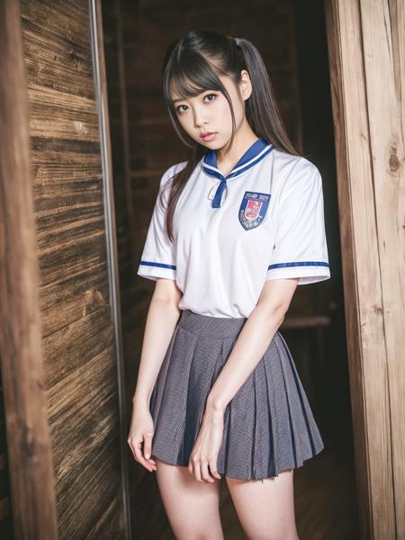 1girl, YuraS, solo, parted lips, looking at viewer, twintail, double ponytail, JK uniform, school uniform, short sleeves, ((RAW photo, Photo realistic, 8K UHD, best quality, highest quality, photography)), close up portrait,  <lora:YuraSakuraLora_v23:1>