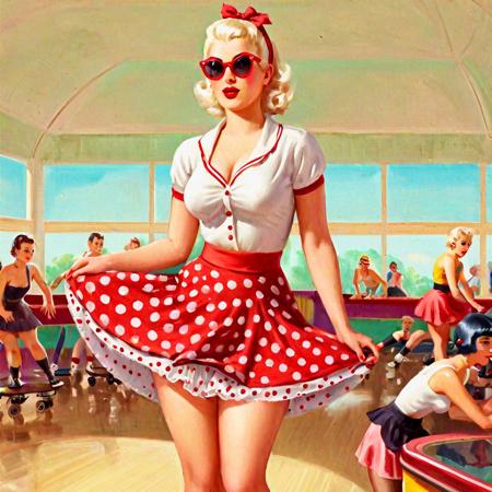 beautypinupart, 1girl, portrait illustration of woman at roller rink, 1950s style short red and white polka dot skirt, cleavage, sexy, sunglasses, white hair, pony tail, confident , <lora:PinupManiaXL_V1.0:1>