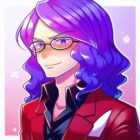 1boy, purple hair, wavy hair, purple eyes Red jacket, black shirt, collared shirt, red pants, formal Glasses