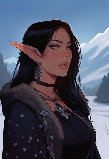 score_9, score_8_up, score_7_up, western cartoon, elf, long ears, elven sorceress, Asian, skinny, black hair, source-fantasy, jewelry, female focus, black choker, eyeshadow, detailed face, textured skin, masterpiece, black robe dress, black fur, fur-lined robe, black gloves, mature woman, snowy field, cloudy, snowy landscape, outdoors,