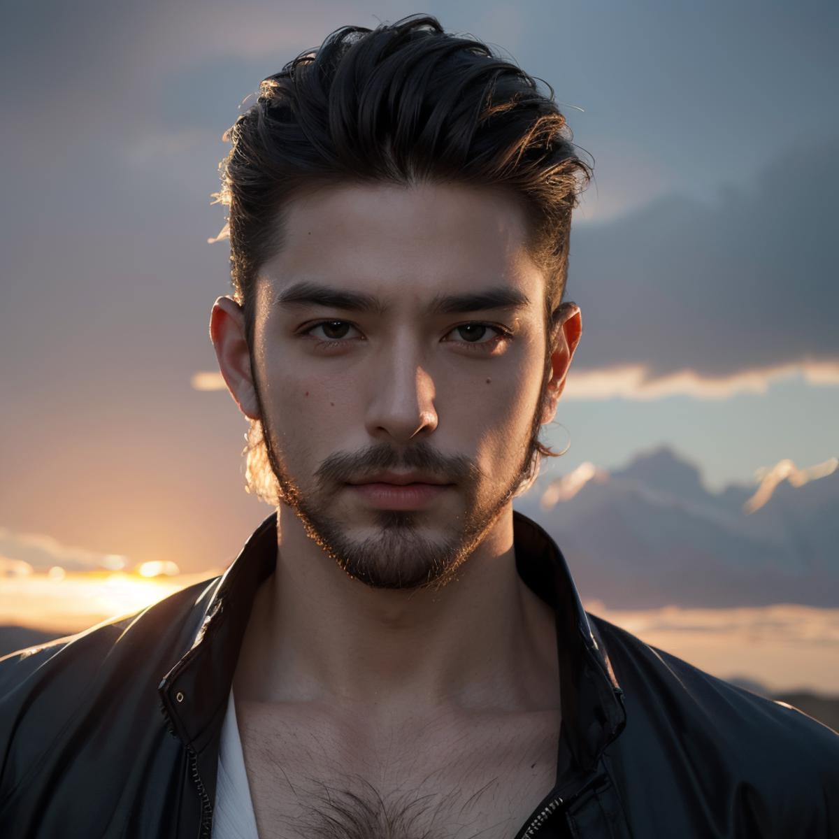 Best quality, masterpiece, ultra high res, (photorealistic:1.4), (male:1.2), facial hair, dramatic lighting, sunset, shiny...