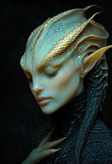 The image is a highly detailed, digital CGI artwork depicting an ethereal, otherworldly being with an androgynous appearance. The subject has a pale, almost translucent skin with a scaly, reptilian texture on the face, similar to a gecko's skin. Their face is elongated with a delicate, almost alien nose and large, almond-shaped eyes closed, giving a serene expression. The eyes have intricate, reptilian patterns around them, enhancing the alien aesthetic. 
The being has two large, curved, horn-like structures protruding from the top of its head, which are a lighter shade of pink with a darker, scaly pattern that matches the face. The ears are pointed and elongated, typical of elven or fae-inspired beings.
They wear an intricate, dark, ornate garment with intricate, swirling gold patterns that seem to be a part of their outfit rather than separate fabric. The clothing appears to be a blend of dark, almost black material with a shimmering, metallic gold overlay, adding to the ethereal, mythical appearance. 
The background is a deep, dark, and mysterious fabric draped in a way that suggests a luxurious, perhaps velvet texture, which contrasts beautifully with the ethereal being.