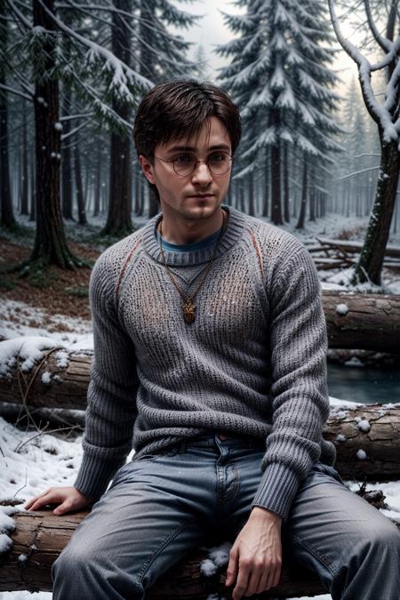 a portrait of HPDR, a male, close up, a man sitting on a tree trunk in the woods, a boy with glasses, (wearing a grey sweater and blue jeans pants:1.3), (winter, some snow around:1.2), a body of water frozen in the background, detailed, hdr, epic background, line art, digital illustration, comic style, dynamic, highly detailed, artstation, concept art, smooth, sharp focus, illustration, Thomas Moran style, art by Carne Griffiths and Wadim Kashin, detailed background, 60-30-10 color rule, warm tones, godrays, unreal engine, greg rutkowski, loish, rhads, beeple, makoto shinkai and lois van baarle, ilya kuvshinov, rossdraws, tom bagshaw, alphonse mucha, global illumination, detailed and intricate environment <lora:more_details:1> <lyco:GoodHands-beta2:1>