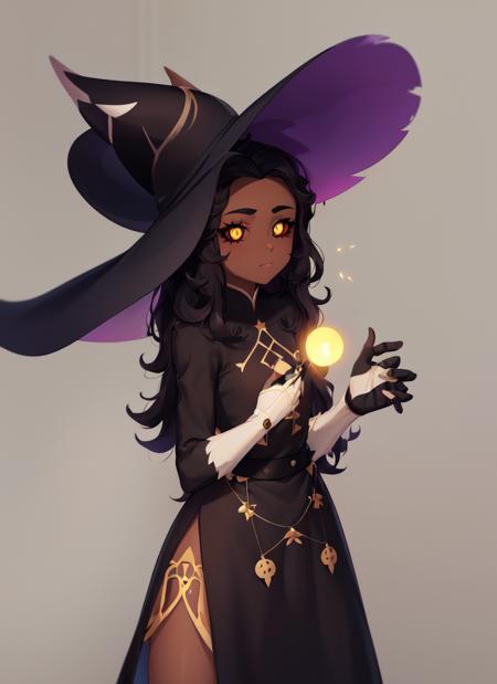 <lora:LuzNocedaTitan-02:0.95>, LuzNocedaTitan, 1girl, brown skin,  black hair, closed mouth, hat, holding, looking at viewer, simple background, solo, styleThwlhs, witch, witch hat, ((black sclera)), dress black