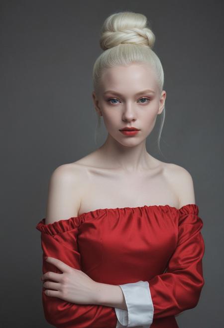 Beautiful female dark girl, albino, bun hairstyle, extremely beautiful, young, red clothes