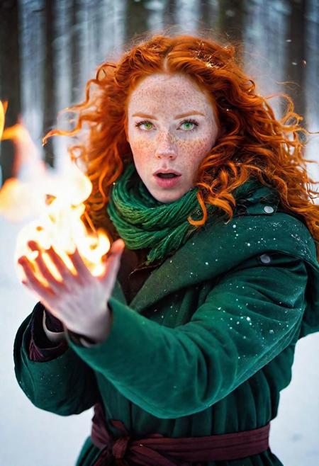 Scandinavian woman in snowy forest, burning hands, breathing fire from mouth,  smoke from nostrils, glowing eyes, magic fire, fire powers, dramatic light, high contrast shadows, creating fire, 
a woman with pyrokinetic powers, in snow storm,( freckles:1.5), green eyes, ginger hair, big curls, looking at viewer, wearing superhero outfit, wrapped in fire, infernal fire melting snow, 
outside medium full shot, dutch angle, twisted view,
cinematic, detailed textures, bokeh, natural lighting, 4k uhd, dslr, soft lighting, high quality, Fujifilm XT3