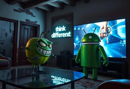 "In a dimly lit, decaying Italian apartment, a cartoonish green apple with exaggerated, glaring eyes and twisted limbs faces off against the iconic Android logo robot. The apple, perched on a cracked glass coffee table, sports a menacing grin and clenched, vine-like fists. Opposite it, the Android robot, its green metallic surface tarnished and scratched, stands in a defensive stance with malfunctioning, twitching antennae and a glare from its flickering eyes.
The massive OLED TV on the wall displays a vivid Apple computer commercial, casting a cold, flickering light that illuminates the tense standoff. Shadows from the TV’s bright visuals stretch and distort across the room, adding a dramatic effect to the confrontation.
Above the TV, a warped cardboard sign reading 'Think Different!' , its flickering LEDs casting eerie, shifting shadows on the peeling stucco walls. The room, once elegant with exposed brick and wooden beams, now feels oppressive and claustrophobic, filled with the scent of mildew. The green apple’s glossy skin and the Android’s rusty body gleam under the unsettling light, emphasizing their contrasting forms and the bizarre, hostile encounter in this decrepit, tech-infused setting."