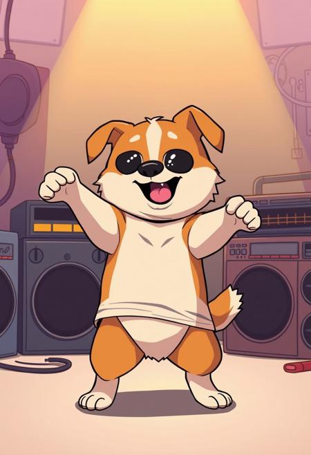 anime style, a dog break dancing with a boom box, chibi, breakdown,