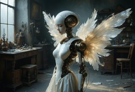 A melancholic, ethereal girl, seamlessly blending organic and mechanical elements. She is an automaton, a delicate android constructed with porcelain skin and intricate clockwork mechanisms visible beneath translucent panels. Gossamer wings, crafted from polished brass and shimmering feathers, sprout from her back, hinting at a lost dream of flight. Her eyes are large and expressive, filled with a quiet sadness and a touch of longing. The background is a dimly lit Victorian workshop filled with half-finished inventions and scattered tools. Cinematic lighting, photorealistic, 8k resolution, octane render, volumetric light, inspired by Gustav Klimt and HR Giger, steampunk aesthetic, ethereal, dramatic composition, sense of loneliness.