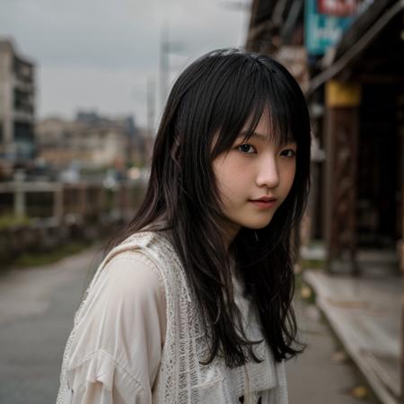 RAW photo, a close up portrait photo of  <lora:S.Riho:0.85> in artist clothes,  blackhair, pale skin, slim body, background is city ruins, (high detailed skin:1.2), 8k uhd, dslr, soft lighting, high quality, film grain, Fujifilm XT3 :1