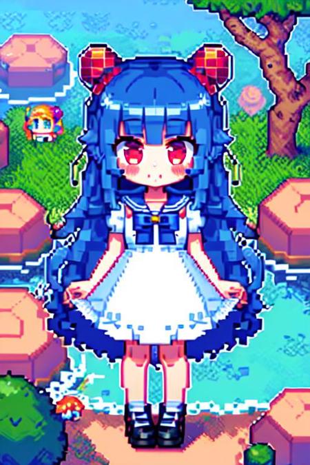 masterpiece, best quality,  pixel art , 
1girl ,blue dress, sailor collar, bowtie, (chibi:1.3)
very long hair, blue hair, multicolored hair, blush, 
 grass, tree, scenery, water,