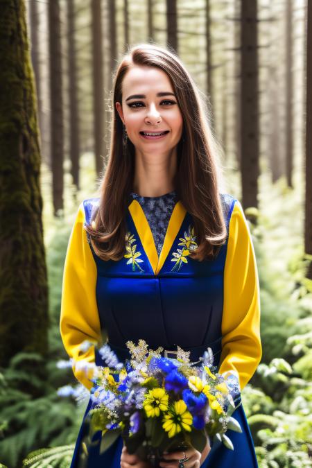 (masterpiece) (best quality)  ((professional)) portrait of (AliceTeodorescu) in a forest wearing blue and yellow  sverigedrakten (Half portrait composition: 1.3)  fine detail, HDR, 8k uhd, (oil painting: 1.3) Caucasian <lora:Sverigedrakten_vng:0.8> <lora:alice_teodorescu_vng_v2:0.9>