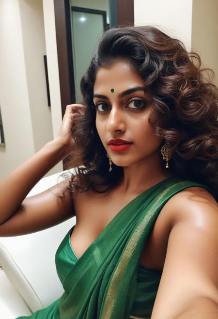 high angle selfie photo, realistic, ((realistic skin tones, film grain, intricate details, naturalism, hyperdetailed, hyperrealistic)) cute Indian girl, 25 years old, long curly long hair, Indian gold jewel, wearing black masquerade mask, hand holding towel, white skin, sweat, wet hair, wet body, wearing green saree only, side view, full body view, very sweaty body, selfie side view, full body view from selfie, slim body but big boobs, thin body, showing very busty boobs cleavage, visible breast, side view, sitting on white couch, night time, eyes open, wet red lipstick, brown eyes, kajal mascara, dimple, sad,