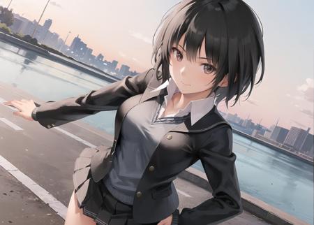 (masterpiece, best quality,extreme detailed beautiful eyes), best illumination, perfect lighting,look at viewer, (1 girl, solo,day, city:1.3),<lora:nanasaki_lycoris_bf16:0.5> ,nanasakiai,nanasaki_ai,
(full body,dynamic angle,dynamic pose,smile,shiny_eyes:1.2),(long_sleeves,black_jacket,jacket,school_uniform,kibito_high_school_uniform:1.2),
(short_hair,large_breasts,collarbone:1.2),black_bowtie,black_skirt,pleated_skirt,white_shirt