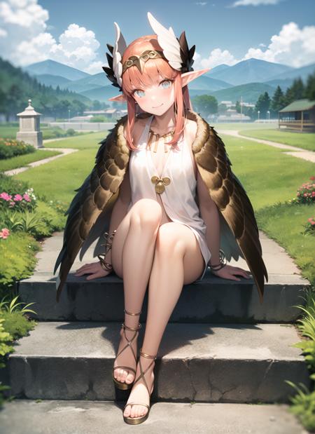 <lyco:circe1-000005:1.0>, circedef, full body, sitting, feet, smile, blush, outdoors, day, simple background, blue sky, sky, temple, looking at viewer, stairs, mountain, moody lighting, facing viewer,