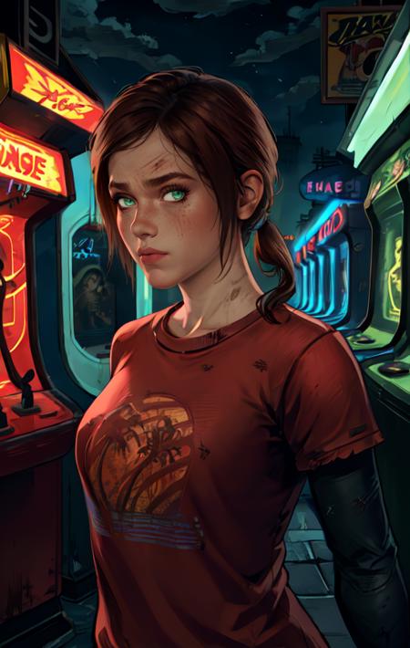 elliet1, green eyes,  brown hair, low ponytail, 
red shirt, dirty clothes,   long sleeves, 
upper body, standing,  serious,  
arcade room, neon lights, night, 
 looking at viewer, 
(insanely detailed, beautiful detailed face,beautiful detailed eyes, masterpiece, best quality), solo, 
 <lora:ellieT1:0.8>