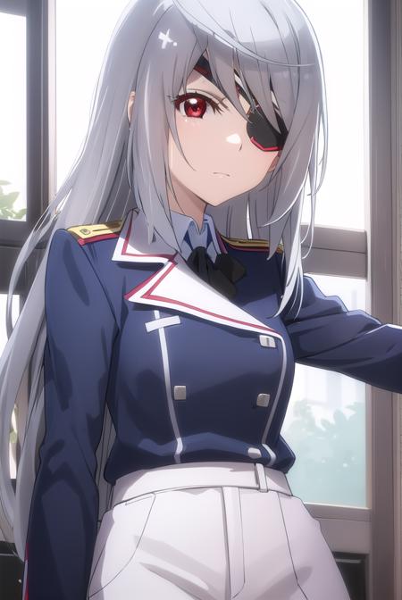 laurabodewig, <lora:laura bodewig s2-lora-nochekaiser:1>,
laura bodewig, long hair, (red eyes:1.3), grey hair, eyepatch,
BREAK school uniform, ribbon, blue ribbon, long sleeves, (red trim:1.2), uniform, military uniform, (white military uniform:1.5),
BREAK indoors, classroom,
BREAK looking at viewer, (cowboy shot:1.5),
BREAK <lyco:GoodHands-beta2:1>, (masterpiece:1.2), best quality, high resolution, unity 8k wallpaper, (illustration:0.8), (beautiful detailed eyes:1.6), extremely detailed face, perfect lighting, extremely detailed CG, (perfect hands, perfect anatomy),