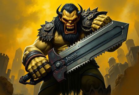 Create a digital painting of a Chronomaly City Babylon-themed orc, inspired by the style of Caravaggio, Alphonse Mucha, and artgerm. The image should feature a goliath orc posing scarily with a chainsaw sword, in a yellow and olive color scheme, with heavy shading and detailed body kit-bash. The output should be a high-quality, 4k UHD image, generated using Blender, Photoshop, and Octane Render.