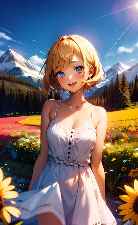 1girl, cowboy shot, standing, short hair, blonde hair, blue eyes, white dress, camisole dress, frilled dress, collarbone, bare shoulders, bare arms, open mouth, smile, nature, flower field, mountain, blue sky, sunlight