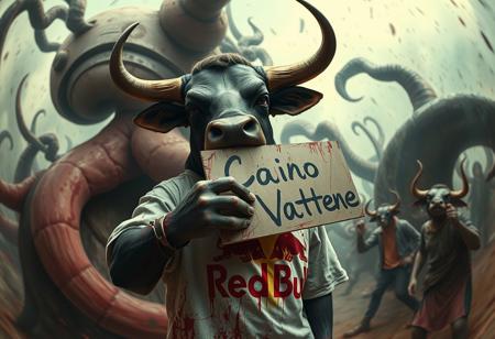 A darkly whimsical bull character, anthropomorphized with a sinister fairytale charm, stands at the center of a chaotic, surreal scene. Clutching a sign that reads “Cairo Vattene” in bold, jagged, handwritten text, the bull’s intense presence is exaggerated by the dramatic distortion of a Panavision Prime Cine Optics 12mm fisheye lens. Its furrowed brow and blood-splattered hands and face give it a menacing, Tarantino-inspired edge. The background swirls with surreal, twisted shapes in sharp, contrasting colors, streaked with blood splatters that amplify the gritty atmosphere. The bull wears a tattered shirt spray-painted with a bold Red Bull logo, its vibrant red contrasting against the gritty, chaotic energy of the scene. The tension between fairytale whimsy and graphic violence creates an arresting visual narrative.