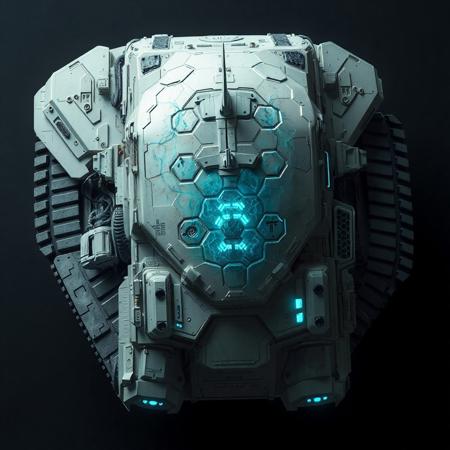 ((top view)), (tank),
Wide and flat tank with an arched dorsal spine and side-mounted armor slabs.
Chassis: Regenerative plating arranged in layered hex cells. Vines of nano-cabling crisscross beneath the surface.
Tracks: Wide dual treads with spore-filter grills covering each tread module.
Details: Bio-gel sacs protrude along side armor; side compartments vent steam during overclocked regen.
Lights: Blue-green capillaries shimmer under armor. Thin halos radiate from under tread housings.