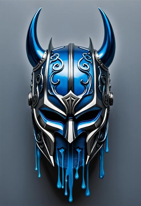 Surrealist, Thor Mask made of blue metal, dripping with melting blue metal, intricate, elegant, photorealistic, studio lighting, grey background, Dave Hooper style