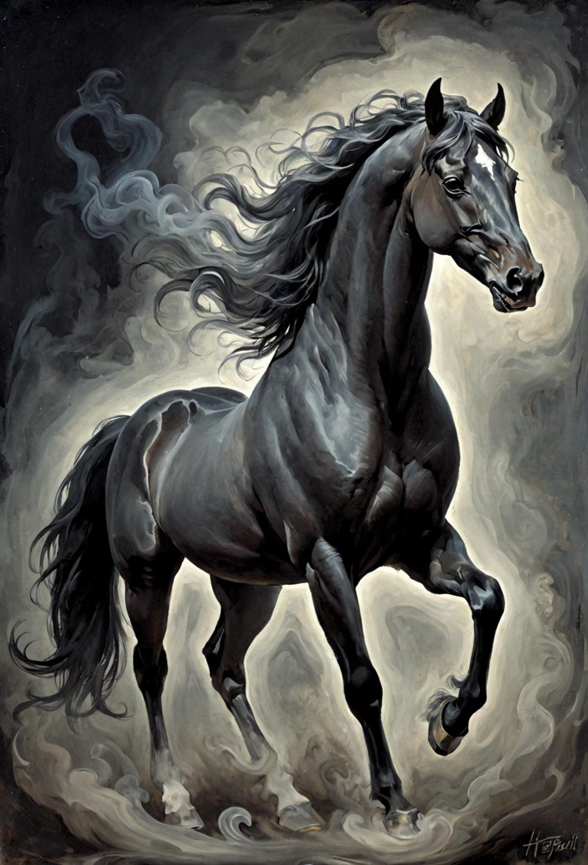 A majestic black horse with long hair, painted in a dark environment.