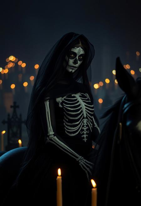 (masterpiece, best quality), score_9, score_8_up, score_7_up, masterpiece, 4k, Latina girl, alternative, long black hair, bedroom eyes, wide hips, black Victorian dress, dia de los muertos makeup, painted skeleton body, black veil over face, riding a black horse with skeleton paint in a cemetery at night, candles everywhere, dark background, vignette, dynamic lighting, dynamic shadows, bokeh, low light, depth of field, highly detailed, high contrast, film grain, Rim Lighting,