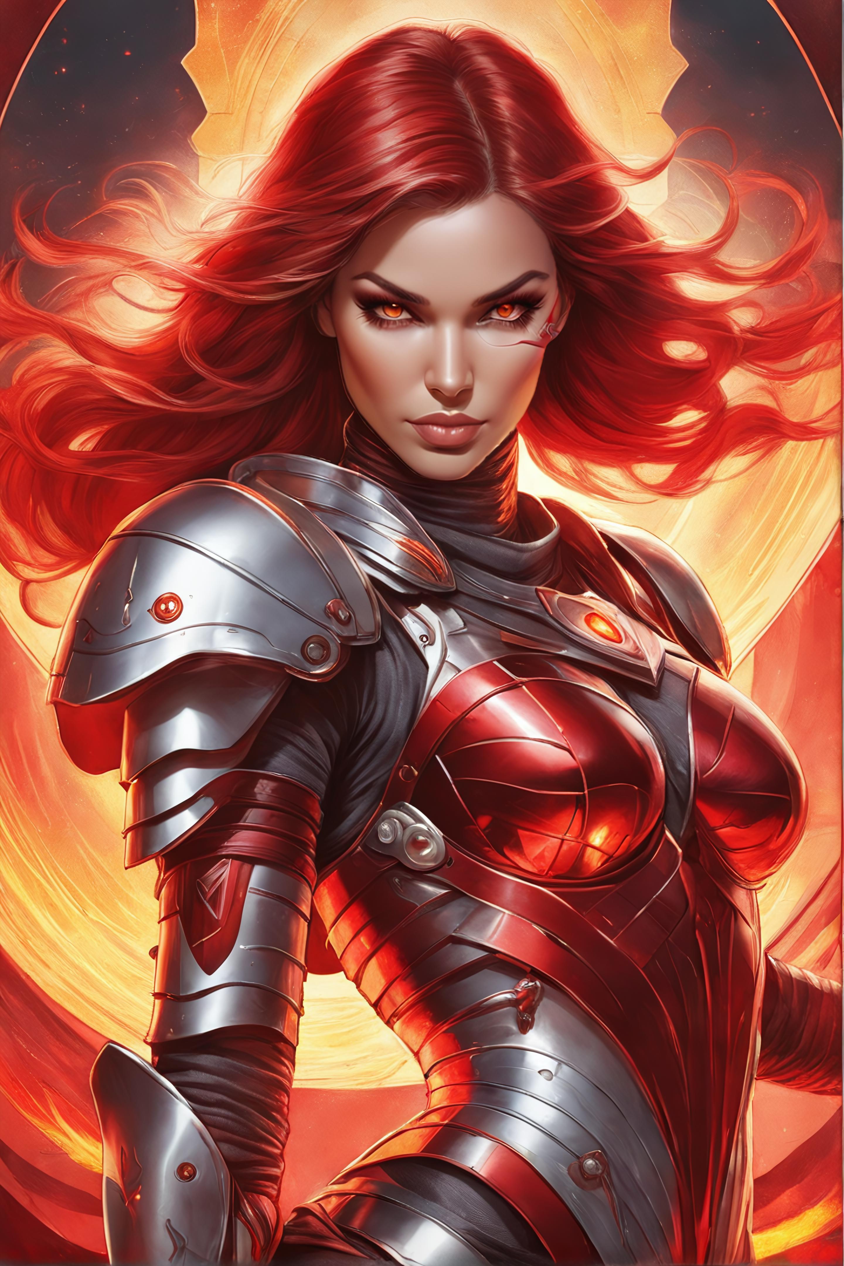 cyborg tarot card, in the style of Artgerm,tarot card, perfect eyes, solo, realistic, armor, 1woman, fire background, uppe...