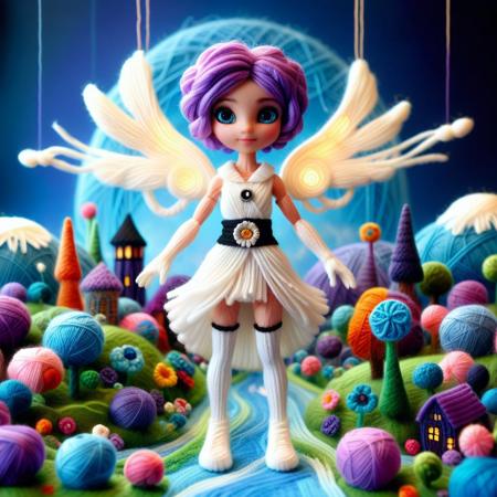 Yarnworld, a female character with a futuristic, fantasy-inspired design. The character has fair skin and short, purple hair adorned with a white flower. She has large, expressive blue eyes and a delicate, feminine face. She is dressed in a vibrant, white and purple outfit made of Yarn that includes a short, frilly dress with a white collar. The dress has a high slit, revealing her black thigh-high stockings and a glimpse of her upper thighs. Her attire is complemented by long, white gloves and matching boots made of Yarn with blue accents. She wears a white belt with a purple gem at the center, adding to the futuristic aesthetic. The character is equipped with large, wings made of Yarn that have a glowing blue hue, giving her a celestial appearance. Her arms are outstretched, and she appears to be in mid-flight or leaping, suggesting motion and energy. The background is a futuristic city landscape.