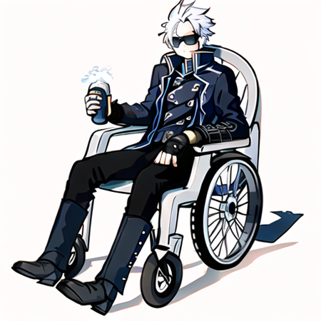 masterpiece, best quality, motivatedchair, (((wheelchair))), solo, short hair, simple background, shirt, gloves, long sleeves, 1boy, white background, holding, sitting, closed mouth, jacket, full body, weapon, white hair, grey hair, male focus, boots, open clothes, black gloves, pants, sword, artist name, fingerless gloves, black footwear, holding weapon, vest, coat, black shirt, shadow, chair, holding sword, black pants, sunglasses, knee boots, katana, sheath, forehead, open coat, black coat, sheathed, can, blue vest, on chair, hair slicked back, blue coat, holding can, beer can, holding sheath