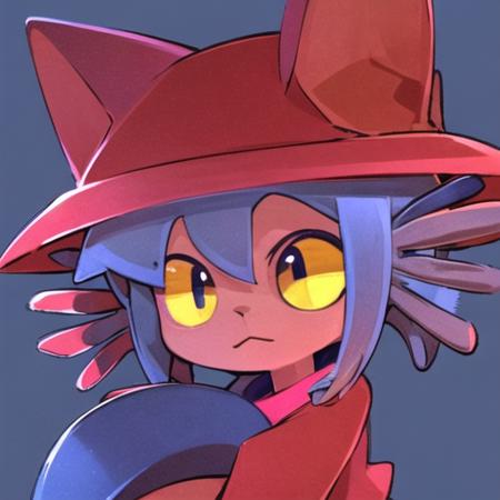 <lora:niko_1:1>, masterpiece, best quality,  niko, yellow eyes, person, red hat, hat, red dress, blue hair, simple background,