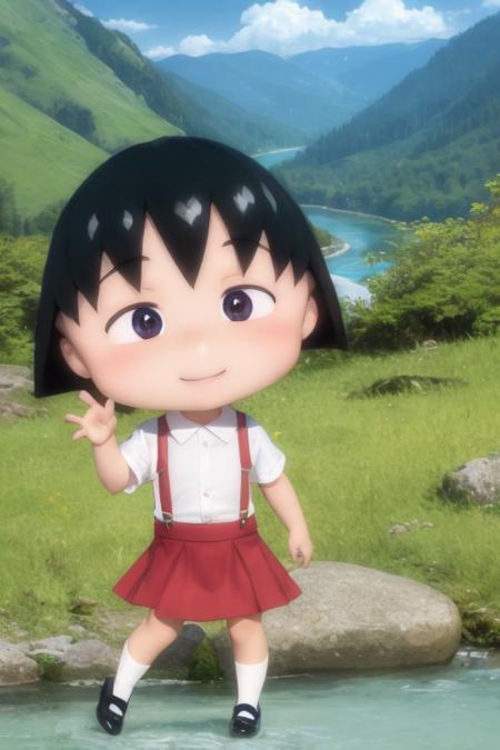 chibi, cbmrk, suspenders, black hair, short hair, red skirt, white shirt, smile, mountain, river <lora:chibi_maruko-000003:1>