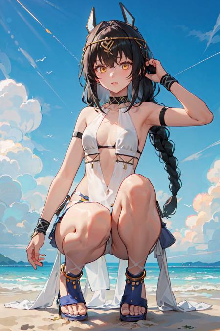 mauxir, white_revealing_clothes, pelvic_curtain, around_waist, headgear, hair_ornament, thigh_strap, arm_strap, choker, jewelry, see-through, glove, toeless_footwear, yellow_eyes, black_hair, twins_braid