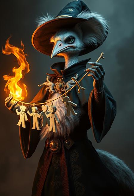 A tenebrous anthro magician is a mixture of ostrich and koala, he holds a string of paper figurines in a dynamic pose, magical flame is swirling around him, portrait