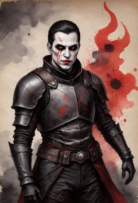 ink illustration, on parchment, ink splatter, ink stains, smeared ink, vampire in armor without helmet, battlefield in the background, dominant colors black and red, linquivera
