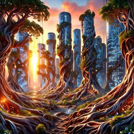 a futuristic city where skyscrapers are growing from enormous tree roots, biopunk aesthetics, overgrown nature reclaiming architecture, warm sunset light, moody atmosphere, epic scale, photorealistic textures, morph-treeroots
<lora:TreeRoots_SDXL:1.0>