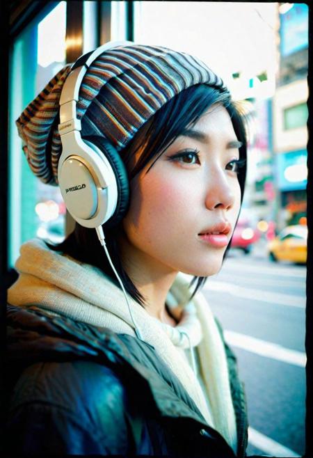 japanese otaku girl,winter hat, headphones,(beautiful face,exquisite face,skin texture:1.2), (ultra-wide angle:1.3), half body portrait from side, watching window, (masterpiece,best quality,ultra high res:1.2),(photo-realistic:1.3),tokyo street, day, mood, polaroid color 600 instant film, faded, blurry, motion blur, ((grainy))