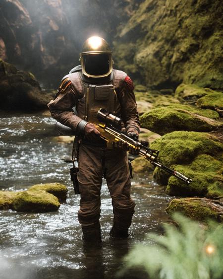 classicnegative photo, a space soldier wearing a grey space suit holding a rifle exploring a river in a dark mossy canyon on another planet, helmet, gold tinted face shield, (glowing fireflies), (dark atmosphere), haze, halation, bloom, dramatic atmosphere, sci-fi movie still