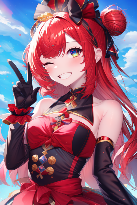 anime, 1girl, flat chest, red hair, red hair ornament, parted bangs, bun, hair intakes, fascinator, hand up, v, one eye closed, grin, red clothes, frilled dress, bow, detached sleeves, gloves,  looking at viewer, dynamic, cowboy shot, wind, sky