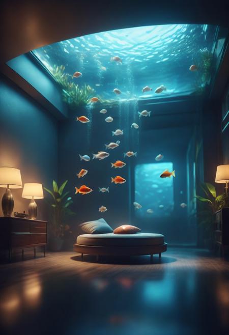 8k analog photo, fish swimming in the air, in the luxury room, minimalist,