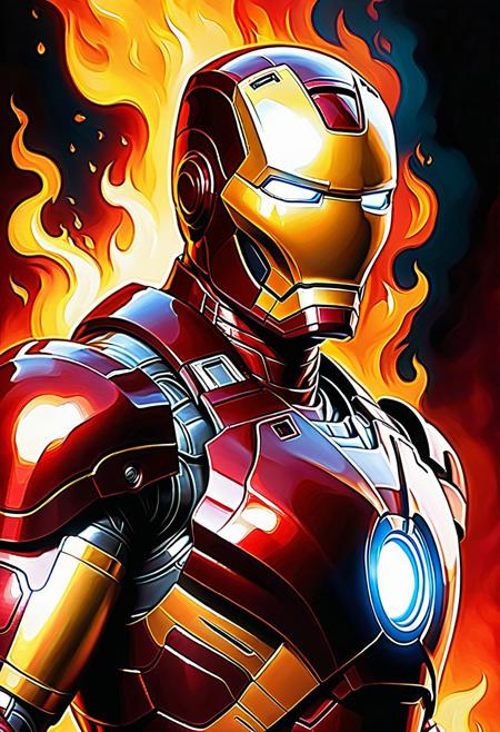 Surrealistic digital art, close-up, IRON MAN engulfed in large flames, Medium shot, vibrant oil painting with triadic colors, eerie glowing embers, intense warm lighting, deep red and orange palette, cinematic film grain, detailed texture, high contrast, dynamic lighting, best quality, incredibly detailed, 16:9