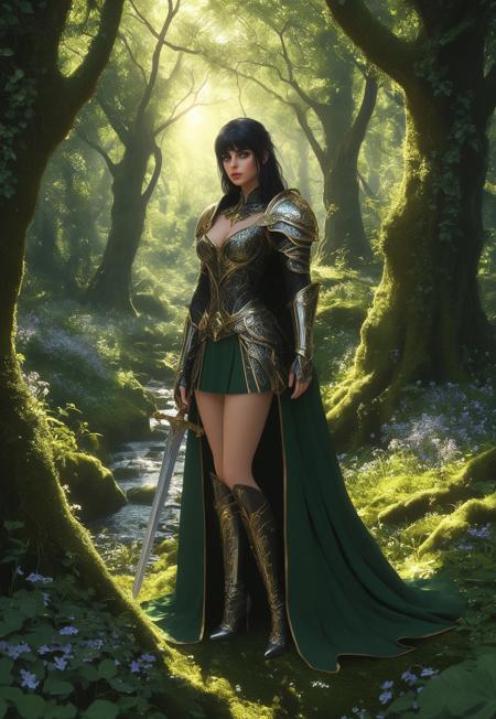 safe_pos, score_7_up, 1girl, beautiful, black hair, long hair, bangs, fair skin, big natural breasts, lips parted, black armor, full armor, gold details, sword, forest, dappled sunlight, full body, looking at viewer, high heels, white cape, Expressiveh, beautiful face, black lipstick, gold eye shadow, beautiful eyes, gold jewelry
Background: A lush, enchanted forest with towering ancient trees and vibrant foliage. Dappled sunlight filters through the canopy, casting soft, golden rays. The forest floor is covered in a carpet of moss and wildflowers. A crystal-clear stream flows nearby, reflecting the sunlight. In the distance, a mystical stone archway, overgrown with ivy, adds a touch of magic. The air is filled with the scent of blooming flowers and the soft hum of nature. (upper body:1.75)
 (8k uhd:1,4)
 <lora:add-detail-xl:1>
 <lora:Dynamic Poses:1>
((((full-clothed)))),
score_9, score_8_up, score_7_up, score_6_up, rating_explicit, Expressiveh,
<lora:DandonFuga_Style_v.2_-_Pony:0.8>
<lora:Expressive_H:0.4>,<lora:EnvyPonySoftBeauty01:0.4>, <lora:detailed_notrigger:2>