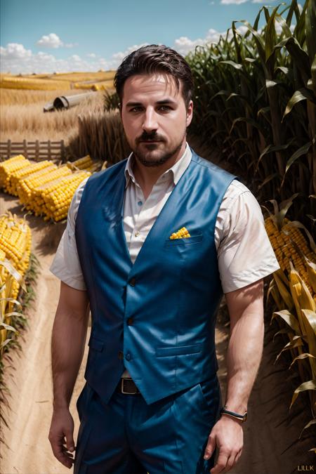 <lora:dnlrx_v1-000009:1> dnlrx, masterpiece, best cinematic quality, photorealistic highly detailed 8k raw photo, volumetric lighting, volumetric shadows, man in vest, dynamic pose, corn maze background