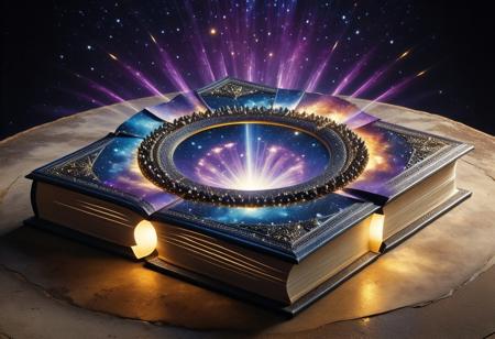 lazypos
An ancient, thick tome bound in deep cosmic blue leather lies at an angle atop several loose, aged paper sheets, set against a neutral beige background, the book's cover features an illustration of deep space filled with dense white stars, at its center is a large, irregular opening framed by jagged, dark metallic spikes, within it a swirling vortex of purple cosmic energy glows brightly, radiating mystical light, the corners of the cover are reinforced with worn, simple geometric plates, yellowed, slightly uneven pages peek from the tome's edge, faint ink splatters mark both the background and the aged sheets, illustration, cinematic angle, hyper-detailed, hyperrealistic texture, warm dramatic lighting on pages, ethereal mystical glow from central vortex, fluid swirling energy, gradients in cosmic hues, dynamic composition, organic feel of aged paper, sparkles within the nebula, film grain, light dust, vintage effect, light particles emanating from the portal, fantasy genre, vintage artifact aesthetic, magical aura