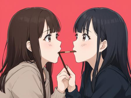 <lora:npc_xl_pocky:1>2girls, playing Pocky game, pocky, pocky day, food in mouth, shared food,