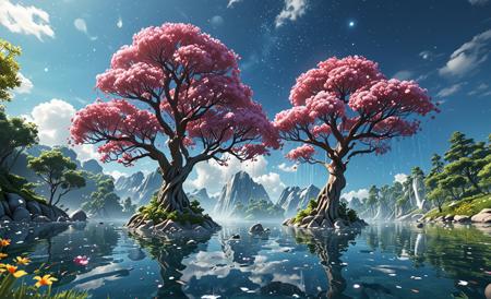 light particles, sparkles, (water:0.4)giant trees , sky(detailed landscape), detailed background, HD, Highres, (giant flower, etamine, petal :1.1), (floating in air, flying:1.1)
masterpiece, best quality, very aesthetic, absurdres,