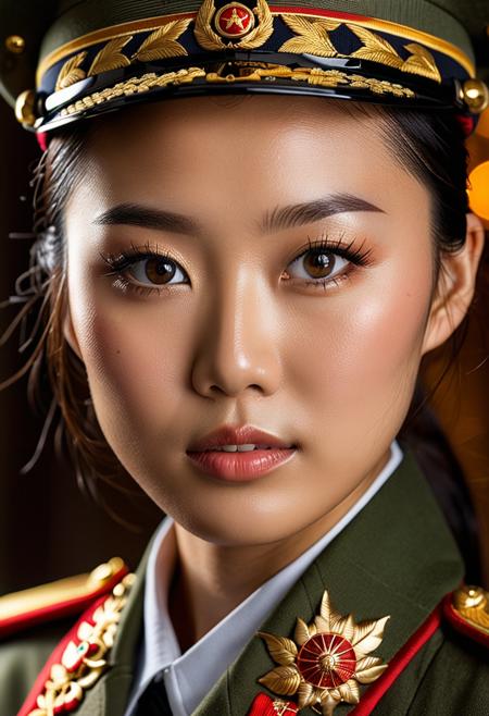 <lora:CM-Mix:1>,(A stunning and touching portrait of a young Chinese woman in military uniform, posing sensually, with perfectly round eyes and pupils: 1.2), with her mesmerizing amber eyes as the focus. Capturing the essence of her beauty, emphasizing the intricate details of the scarf pattern and the warmth radiating from her eyes. Achieve exceptional sharpness by pairing the Canon EOS R5 mirrorless camera with a prime RF lens. Optimize settings for shallow depth of field (f/2.8) to beautifully blur the background, allowing the viewer to focus on the girl's striking features. Set ISO to 400 for a balanced exposure, and use a shutter speed of 1/250 second to freeze any subtle movement. Enrich compositions with soft, diffused natural light, highlighting textures and colors to create timeless and culturally rich images